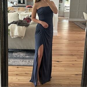Azazie Blue Strapless Slit Maxi Dress